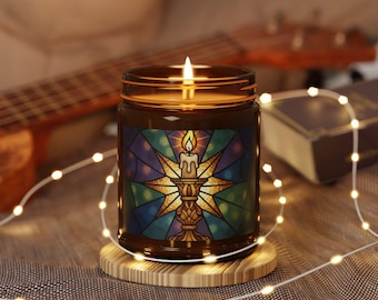 Stained Glass Candle with Lit Candle Illustration Soy Candle