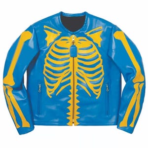 Men’s Blue Skeleton Bones Leather Biker Riding Jacket Real Cowhide Leather Motorcycle Fashion Jacket