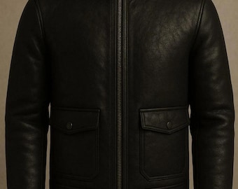 Chaqueta de piel de oveja negra para hombre: chaqueta bomber de aviador de invierno con cuello de piel