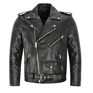 Men&#39;s Black Brando Style Motorcycle Riding Leather Jacket Real Cowhide Biker Leather Jacket