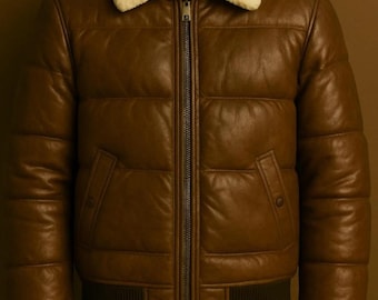 Chaqueta bomber de piel de oveja marrón con cuello de piel para hombre: ropa de abrigo vintage de invierno