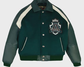 Avirex Varsity Jacket – groene bomber met wol en leren mouwen