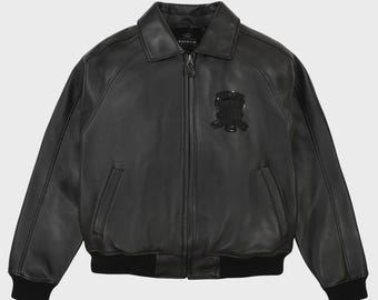 Avirex Men’s Black Leather Bomber Jacket – Vintage Aviator Style Zip-Up Streetwear