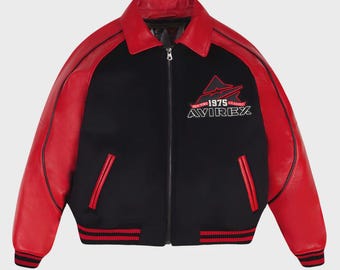 Chaqueta universitaria clásica Avirex 1975: chaqueta bomber roja con mangas de cuero