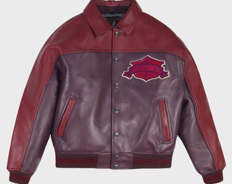Zweifarbige weinrote und rote Herren-Track-Team-Jacke aus Leder Varsity-Jacke - Avirex 1975-Aufnäher