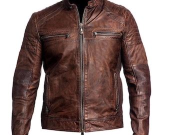 Chaqueta de motociclista Cafe Racer vintage de piel de vaca marrón para hombre