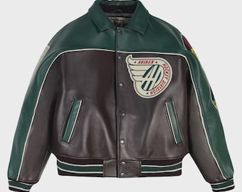 Leren herenjas Avirex – vintage Canadian Division-jas bruin en groen patchwork bomberjack