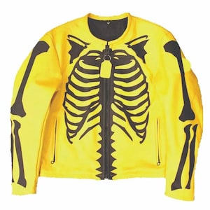 Men’s Yellow Skeleton Bones Leather Biker Riding Jacket Real Cowhide Leather Motorcycle Fashion Jacket