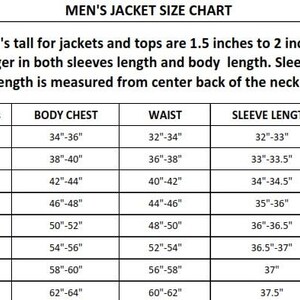 Puede incluir: Una tabla de tallas de chaquetas con medidas en pulgadas. La tabla incluye tallas de la S a la 5XL, detallando las medidas de pecho, cintura y largo de manga. El texto en la parte superior dice "MEN'S JACKET SIZE CHART".