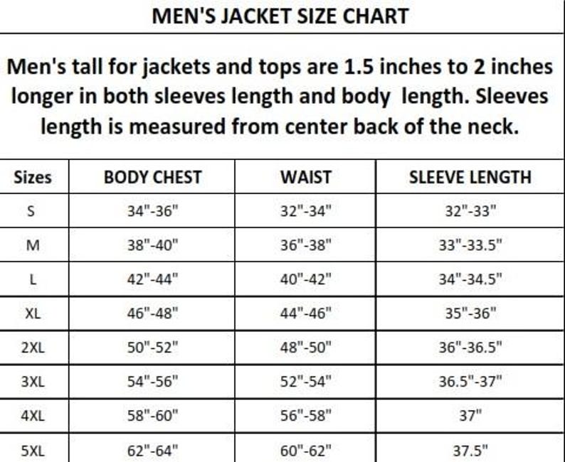 Puede incluir: Una tabla de tallas de chaquetas con medidas en pulgadas. La tabla incluye tallas de la S a la 5XL, detallando las medidas de pecho, cintura y largo de manga. El texto en la parte superior dice "MEN'S JACKET SIZE CHART".