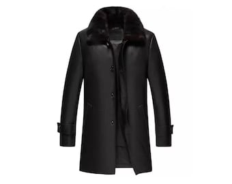 Abrigo de piel de oveja negra para hombre – Abrigo largo de invierno con cuello de piel