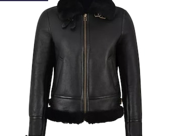 Women's Black Shearling Leather Jacket | Winter Aviator Bomber Style