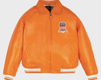 Chaqueta bomber de cuero naranja brillante de Avirex / Parche de escudo de EE. UU.