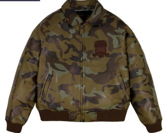 Men’s Camouflage Leather Bomber Jacket – Military Style Outdoor Casual Wear