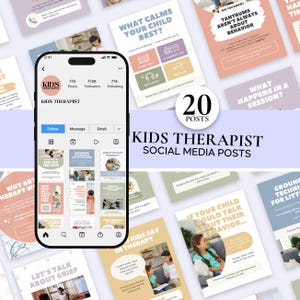 Puede incluir: Un conjunto de 20 publicaciones en redes sociales para un terapeuta infantil, con un teléfono que muestra el perfil de Instagram del terapeuta. Las publicaciones tienen fondos pastel y texto como "¿Qué calma mejor a tu hijo?" y "Los niños dicen en terapia."