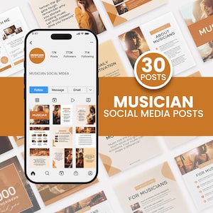 May include: A smartphone displays a social media profile for "Musician Social Midea" with 174 posts and 772K followers. Surrounding the phone are 30 social media post templates with musician-themed designs, featuring quotes and images.