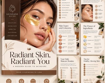 May include: A skincare guide book titled Radiant Skin, Radiant You featuring a cover with a person wearing gold under-eye patches. The book includes interior pages detailing a table of contents, skin types, ingredients, and daily routines.