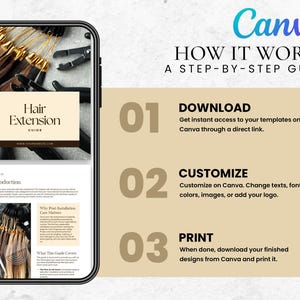 Pode incluir: Um smartphone exibe um guia sobre extens&otilde;es de cabelo, intitulado "Hair Extension Guide". O guia, criado com Canva, descreve um processo passo a passo: baixar, personalizar e imprimir. A imagem inclui extens&otilde;es de cabelo e ferramentas.