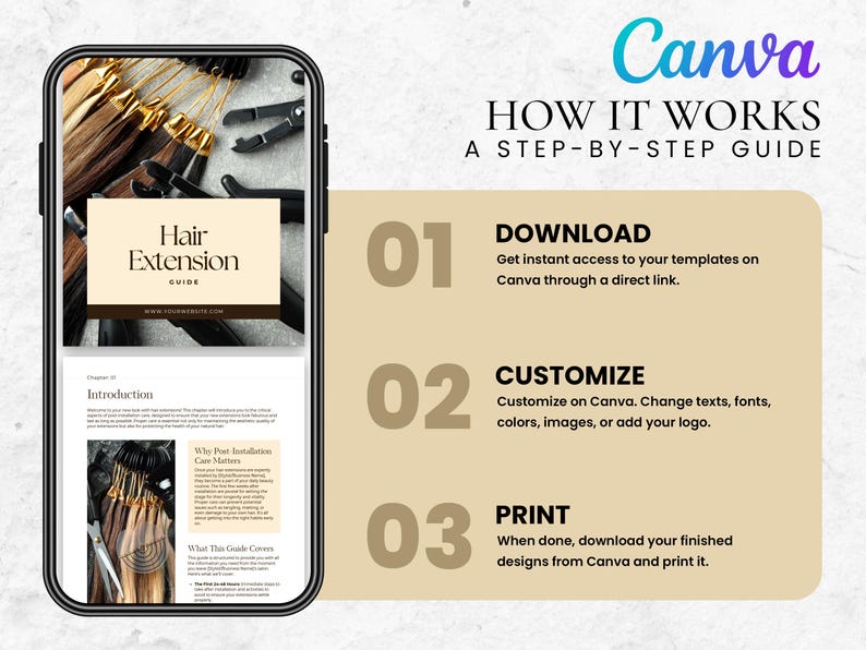 Pode incluir: Um smartphone exibe um guia sobre extens&otilde;es de cabelo, intitulado "Hair Extension Guide". O guia, criado com Canva, descreve um processo passo a passo: baixar, personalizar e imprimir. A imagem inclui extens&otilde;es de cabelo e ferramentas.