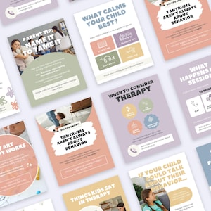 May include: A collection of educational social media graphics featuring pastel color palettes, child therapy topics, and text overlays such as 'Parent Tip: Name It To Tame It', 'What Calms Your Child Best?', and 'When To Consider Therapy'.
