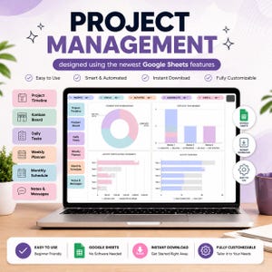 May include: A laptop displaying a project management dashboard with charts and graphs. The screen shows data visualizations, including a donut chart and bar graphs. Text on the screen includes "Project Management" and "Google Sheets." The laptop is on a wooden surface.