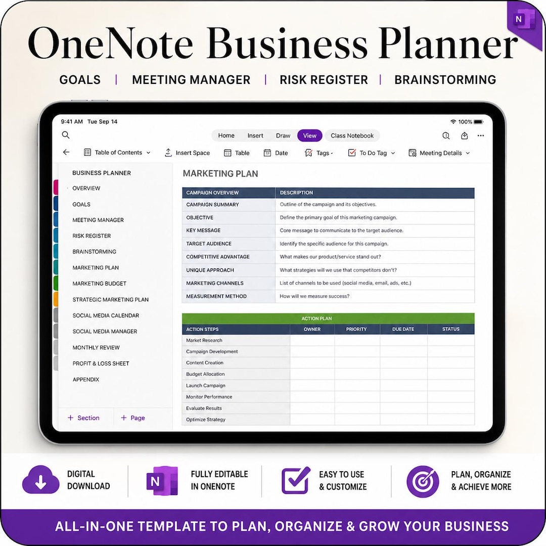 Onenote Business Planner Template | Digital Planner, Project Management ...