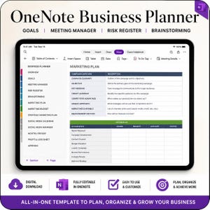 Könnte beinhalten: Ein digitaler OneNote Business Planner-Vorlage auf einem Tablet. Der Bildschirm zeigt einen Marketingplan mit Abschnitten für Kampagnenübersicht und Aktionsschritte. Die Vorlage ist vollständig editierbar und einfach anzupassen.