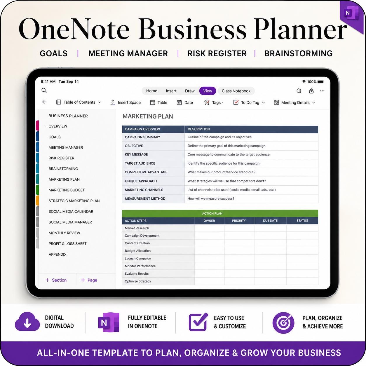 Goals Tracker Onenote Onenote Business Planner Template | Digital Planner, Project Management ...