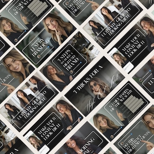 May include: A collection of black and white social media graphics featuring a woman. Each graphic has text such as "Luxury Branding", "3 Steps to Build a High-End Brand", and "Ultimate Guide to Looking Rich".