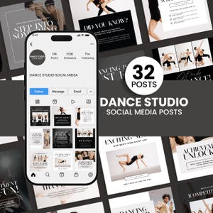 May include: A collection of social media posts for a dance studio, featuring images of dancers in action, text overlays, and the studio's branding. The posts are displayed on a smartphone screen, with a focus on promoting dance classes and events.