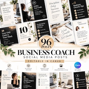 May include: A collection of 96 editable social media post templates for business coaches, featuring black, white, and gold color schemes with text overlays like Business Coach, Marketing Mindset Checklist, and 10 Ways to Grow Your Business.