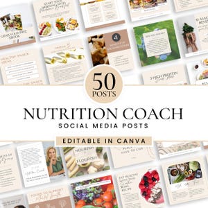 Może przedstawiać: Zestaw 50 postów w mediach społecznościowych dla trenera żywieniowego, edytowalnych w Canva. Posty zawierają różne tematy związane ze zdrowym odżywianiem, w tym pomysły na przekąski, korzyści z omega, korzyści z grzybów i przepisy wysokobiałkowe. Projekt zawiera obrazy i tekst.