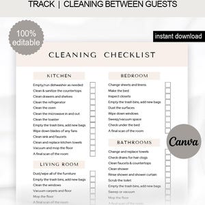 May include: A printable Airbnb cleaning checklist with sections for the kitchen, bedroom, living room, and bathrooms. The checklist includes tasks like cleaning countertops, changing linens, and vacuuming. The document is 100% editable and available for instant download.
