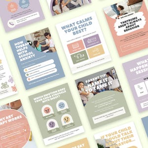 May include: A collection of educational social media graphics featuring pastel color palettes, child therapy themes, and text overlays including titles like How Therapy Helps With School Anxiety, What Calms Your Child Best, and Parent Tip.