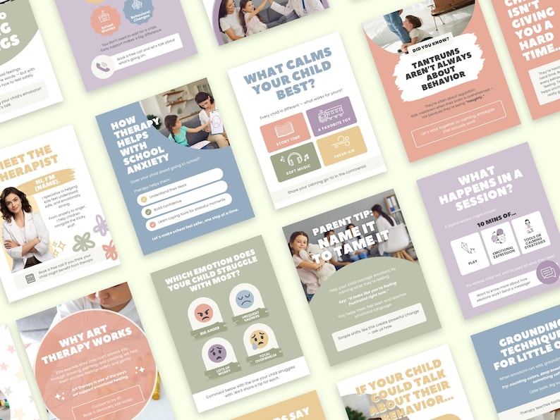 May include: A collection of educational social media graphics featuring pastel color palettes, child therapy themes, and text overlays including titles like How Therapy Helps With School Anxiety, What Calms Your Child Best, and Parent Tip.