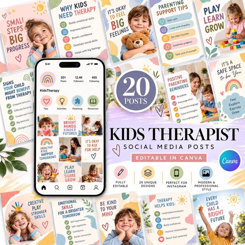 May include: A digital collection of 20 editable social media post templates for a kids therapist, displayed on a smartphone screen and as individual graphic cards featuring pastel illustrations, child-focused imagery, and text about mental health.