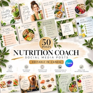 May include: A collection of 50 editable social media post templates for nutrition coaches, featuring various health-themed graphics, text overlays, and nutritional advice, all presented in a cohesive, clean, and professional design layout.