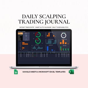 May include: A laptop screen displays a Daily Scalping Trading Journal with a dark interface featuring colorful charts, graphs, and data tables. Below the screen, text reads Google Sheets & Microsoft Excel Templates with icons.