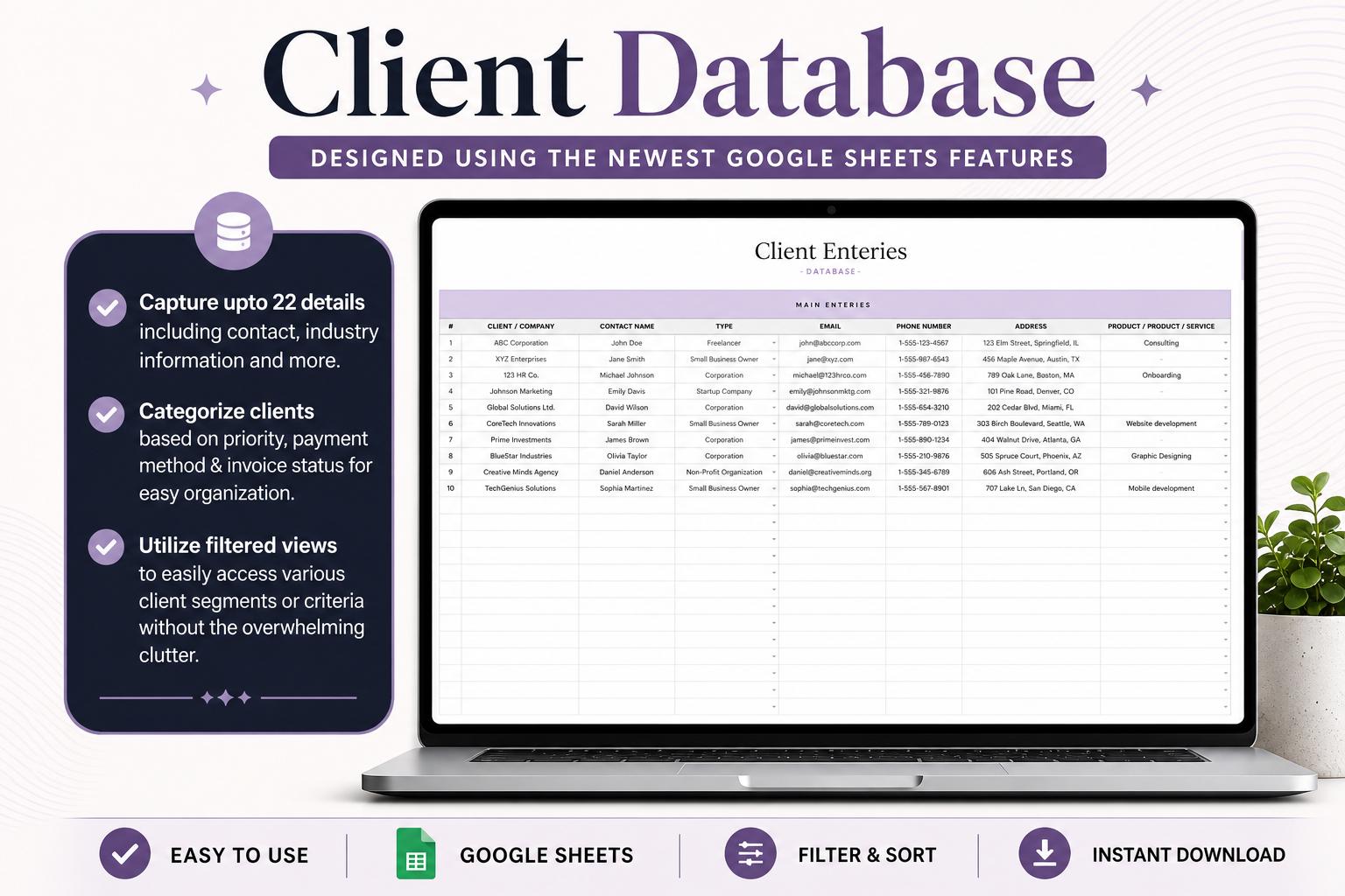 Basic Client Database Template Client Tracker Template Google Sheets | CRM Spreadsheet, Client ...