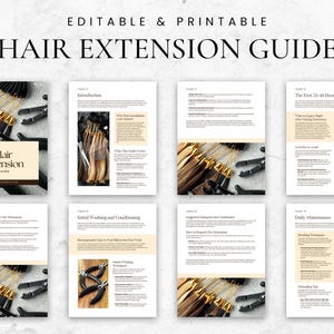 Pode incluir: Um guia de extens&atilde;o de cabelo edit&aacute;vel e imprim&iacute;vel. O guia inclui informa&ccedil;&otilde;es sobre cuidados, lavagem e manuten&ccedil;&atilde;o de extens&otilde;es de cabelo. A capa apresenta o texto "Hair Extension Guide". V&aacute;rias ferramentas de extens&atilde;o de cabelo tamb&eacute;m s&atilde;o vis&iacute;veis.
