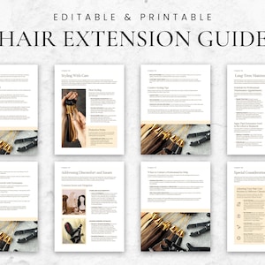 Pode incluir: Um guia de extens&atilde;o de cabelo imprim&iacute;vel com o t&iacute;tulo "Hair Extension Guide". O guia inclui v&aacute;rias p&aacute;ginas com texto e imagens de extens&otilde;es de cabelo, ferramentas e exemplos de estilo. As p&aacute;ginas est&atilde;o dispostas em uma grade.