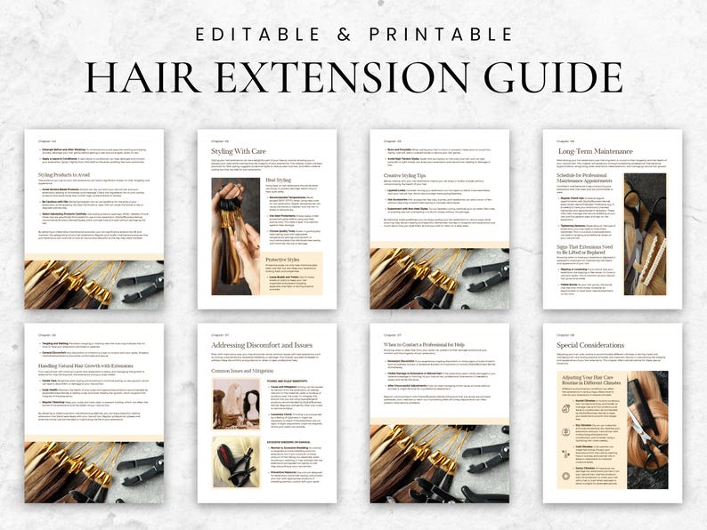 Pode incluir: Um guia de extens&atilde;o de cabelo imprim&iacute;vel com o t&iacute;tulo "Hair Extension Guide". O guia inclui v&aacute;rias p&aacute;ginas com texto e imagens de extens&otilde;es de cabelo, ferramentas e exemplos de estilo. As p&aacute;ginas est&atilde;o dispostas em uma grade.