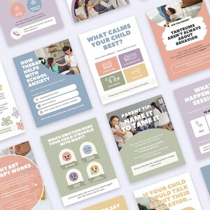 May include: A collection of educational social media graphics for child therapy, featuring pastel-colored cards with text, icons, and photographs. The cards include titles like What Calms Your Child Best, How Therapy Helps With School Anxiety, and Parent Tip: Name It To Tame It.