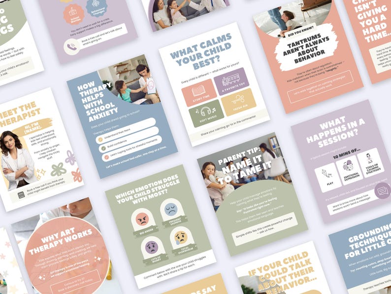May include: A collection of educational social media graphics for child therapy, featuring pastel-colored cards with text, icons, and photographs. The cards include titles like What Calms Your Child Best, How Therapy Helps With School Anxiety, and Parent Tip: Name It To Tame It.