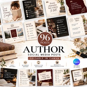 May include: A collection of 96 editable social media post templates for authors, featuring book-themed graphics, inspirational quotes, writing tips, and checklists. The design includes a fountain pen, stacked books, and text overlays in a neutral color palette.