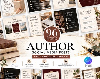 May include: A collection of 96 editable social media post templates for authors, featuring book-themed graphics, inspirational quotes, writing tips, and checklists. The design includes a fountain pen, stacked books, and text overlays in a neutral color palette.