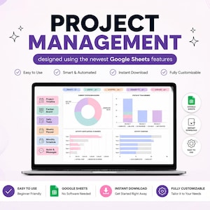 May include: A laptop displaying a project management dashboard with charts and graphs. The screen shows data visualizations and a menu with options like Project Timeline, Kanban Board, and Daily Tasks. Text at the top reads "PROJECT MANAGEMENT."