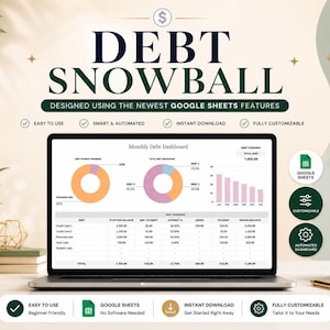 Puede incluir: Una computadora portátil muestra un panel de control "Debt Snowball" con gráficos y datos financieros. La pantalla muestra una descripción general mensual de la deuda, con opciones para Google Sheets, personalización y un panel automatizado. El diseño incluye el texto "Debt Snowball" y "Designed using the newest Google Sheets features."
