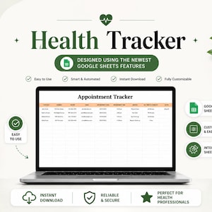 Puede incluir: Un portátil muestra una plantilla de seguimiento de la salud con el texto "Health Tracker" y "Appointment Tracker". El diseño incluye acentos verdes, iconos y las frases "Easy to Use", "Smart & Automated" e "Instant Download".