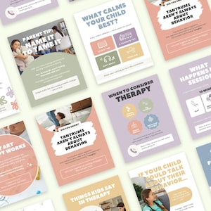 May include: A collection of educational social media graphics featuring pastel color palettes, child development themes, and parenting advice. The cards include text such as Parent Tip: Name It To Tame It, What Calms Your Child Best, and When To Consider Therapy.